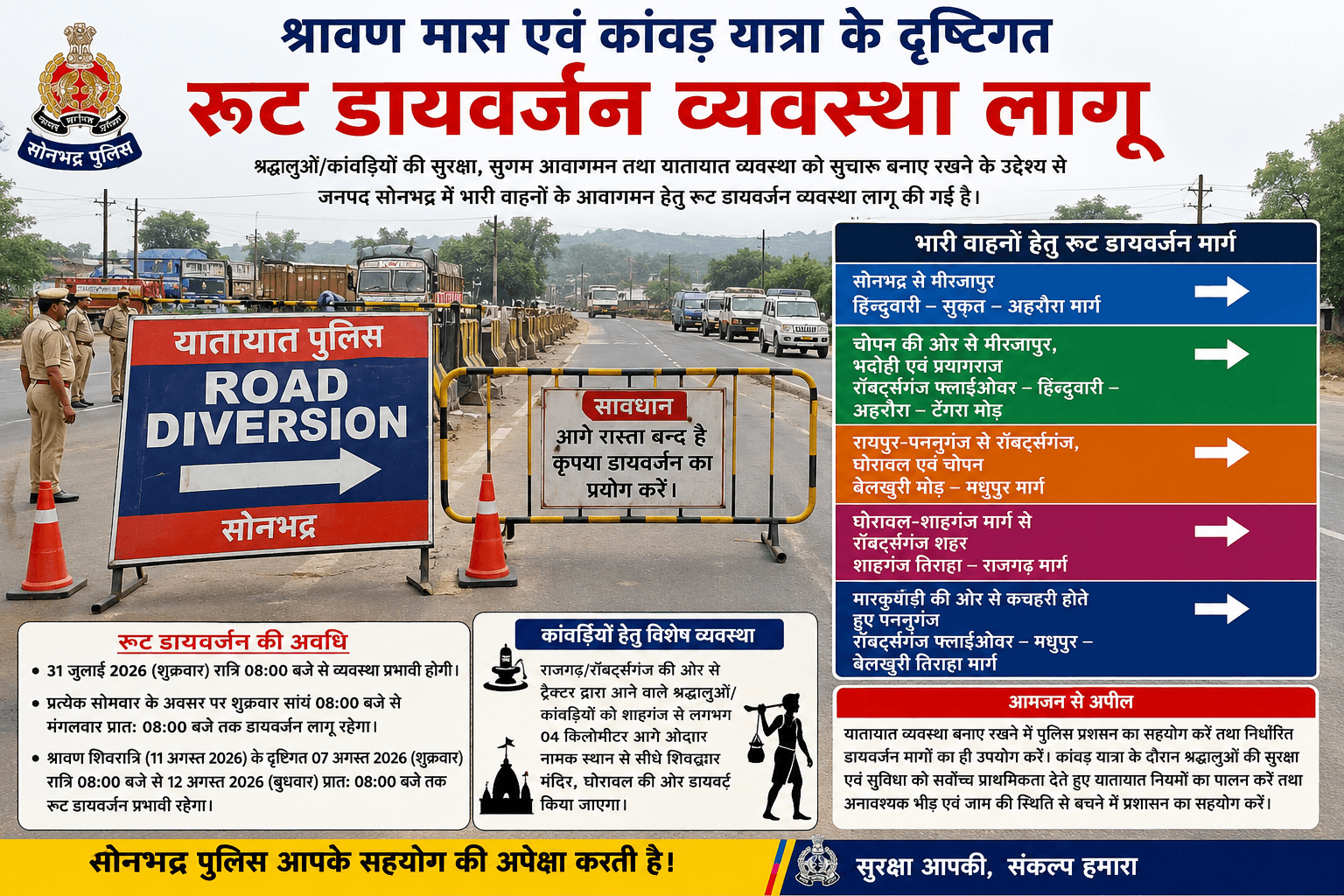 *श्रावण मास एवं कांवड़ यात्रा के दृष्टिगत जनपद सोनभद्र में रूट डायवर्जन व्यवस्था लागू